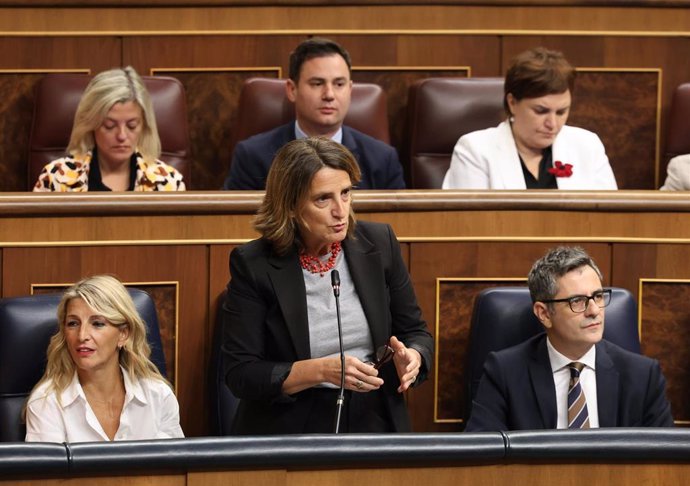 La vicepresidenta tercera y ministra de la Transición Ecológica, Teresa Ribera, interviene durante una sesión de control al Gobierno, en el Congreso de los Diputados, a 25 de septiembre de 2024, en Madrid (España). 