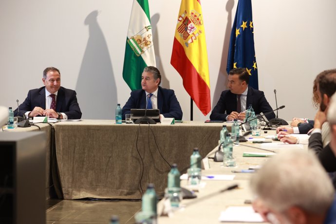 El consejero de la Presidencia, Interior, Diálogo Social y Simplificación Administrativa, Antonio Sanz (c), durante la reunión del Consejo de Asuntos Taurinos de Andalucía (CATA). A 25 de septiembre de 2024, en Sevilla (Andalucía, España).