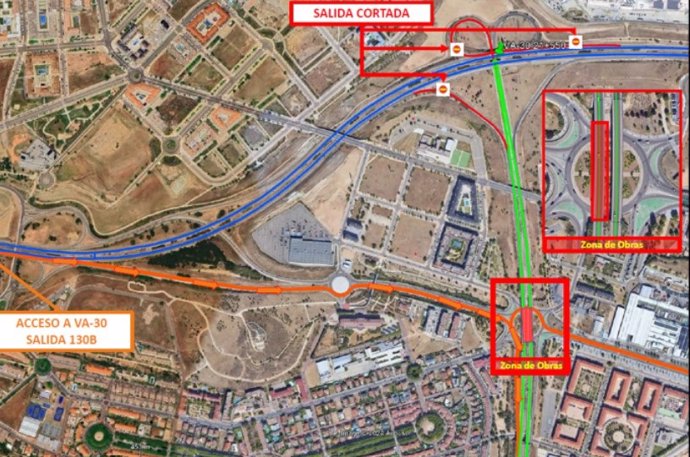 Croquis con información sobre el corte y desvíos entre la A-62 y la VA-30 en Arroyo (Valladolid).