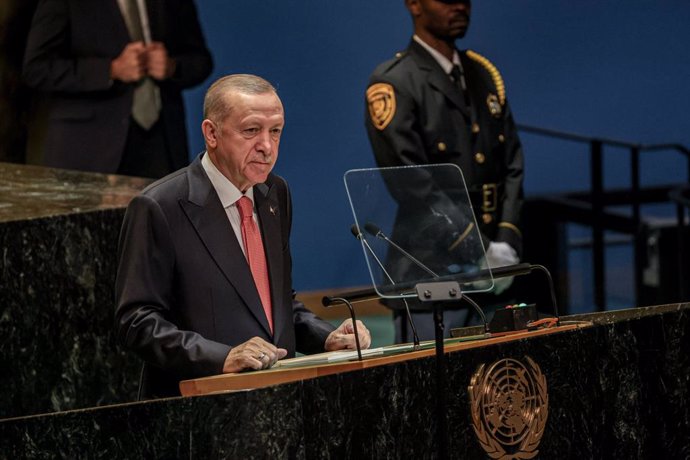 September 24, 2024, New York, New York, USA: RECEP TAYYIP ERDOGAN, President of the Republic of Türkiye, speaks on the first day of the General Assembly which took place in the General Assembly Hall of the United Nations. The 79th UNGA session is one of t