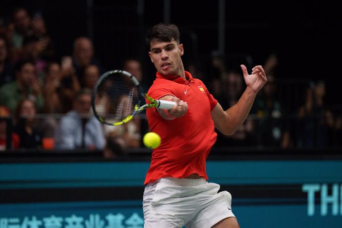 Carlos Alcaraz of Spain in action against Ugo Humbert of France during the Davis Cup 2024, Group B, tennis match played between France and Spain at Fuente de San Luis on September 13, 2024, in Valencia, Spain.