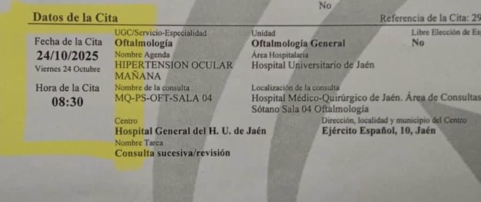 Detalle de una cita de Oftalmología en el Hospital de Jaén.