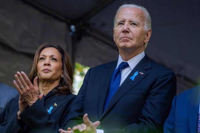 11 September 2024, US, New York: US Vice President and Democratic presidential candidate Kamala Harris (L) and US President Joe Biden attend a ceremony during the 23rd anniversary commemoration at the 9/11 Memorial in New York. Photo: Adam Schultz/White H