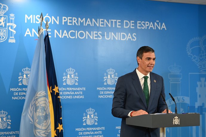 El presidente del Gobierno, Pedro Sánchez, durante su comparecencia ante los medios en la ONU. 