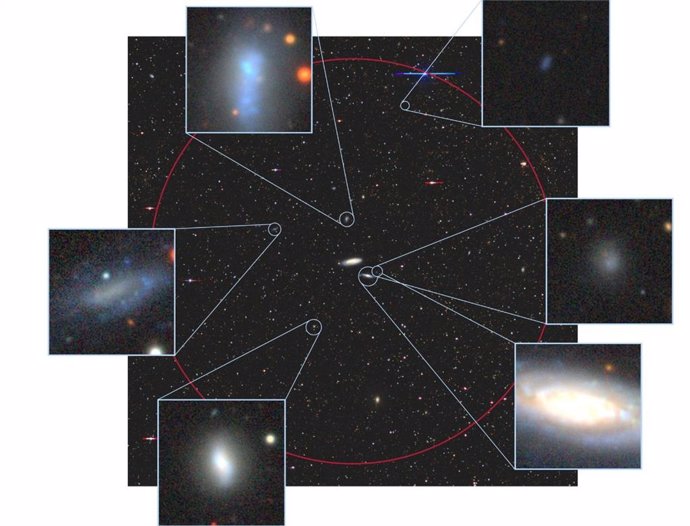 Imagen de una galaxia similar a la Vía Láctea y su sistema de galaxias satélite. El sondeo SAGA identificó seis pequeñas galaxias satélite en órbita alrededor de esta galaxia análoga a la Vía Láctea.