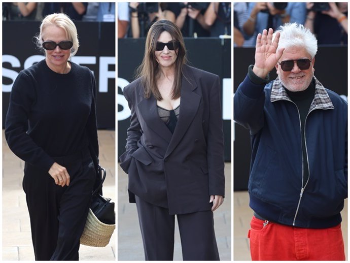 Pamela Anderson, Mónica Bellucci y Pedro Almodóvar a su llegada al hotel María Cristina de San Sebastián