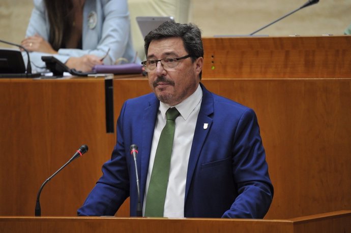 El consejero de Economía, Empleo y Transformación Digital, Guillermo Santamaría, en el pleno de la Asamblea de Extremadura