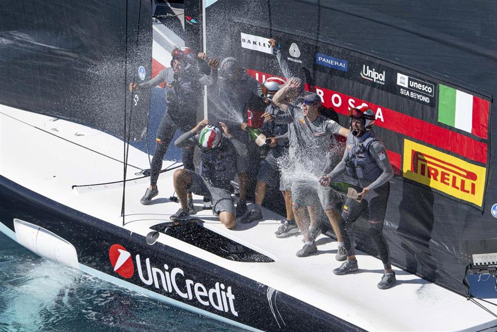 September 26, 2024. UniCredit Youth America's Cup, Race Day 8, Final Match. Luna Rossa Prada Pirelli Youth Team, winners of the Unicredit Youth Americas Cup.