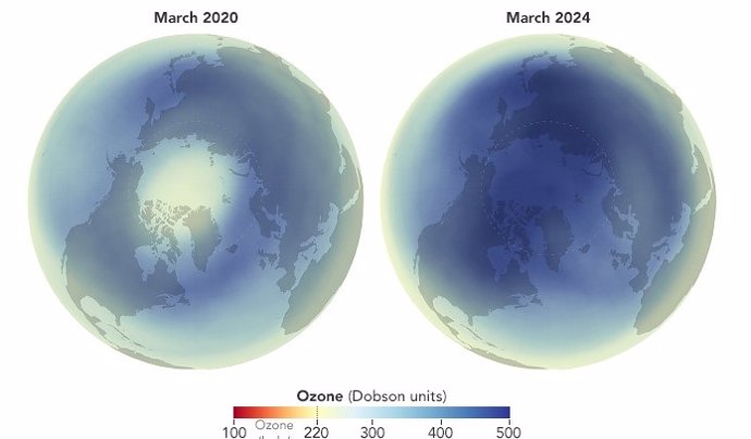 Diferencia de 2020 a 2024 en la densidad de la capa de ozono sobre el Ártico