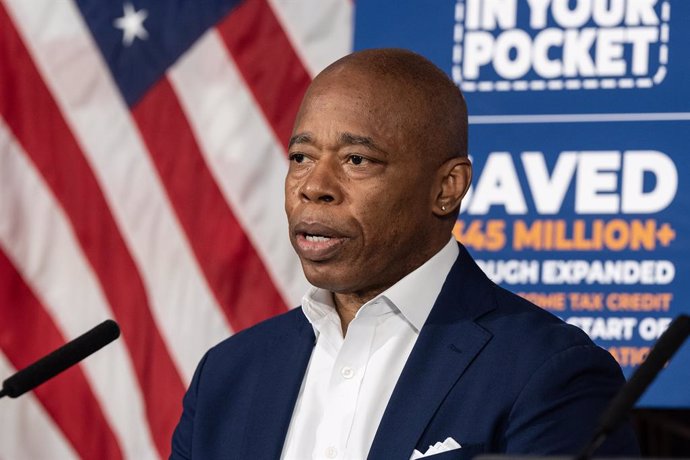 August 27, 2024, New York, New York, United States: Mayor Eric Adams speaks to the press during weekly briefing at City Hall in New York