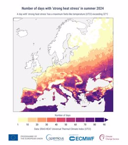 Número de días con fuerte estrés por calor durante el verano de 2024, definido como un Índice Climático Térmico Universal (UTCI) máximo diario, o temperatura agradable, superior a 32°C.