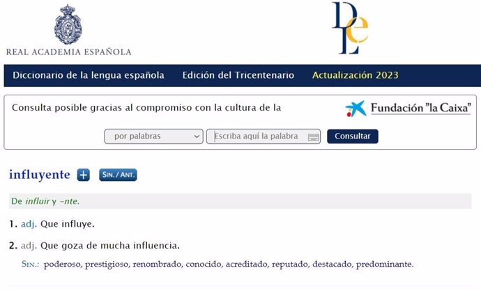 Definición de 'influyente' en el Diccionario de la RAE.