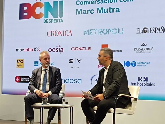 El presidente de Indra, Marc Murtra, durante su intervención en 'II Foro BCN! Desperta', a viernes 27 de septiembre de 2024 en el CaixaForum Macaya de Barcelona