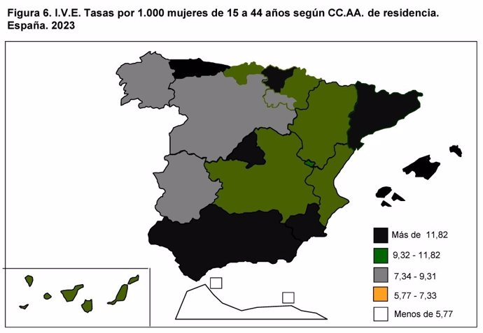 Tasa de abortos por mil mujeres de 15 a 44 años según CCAA.