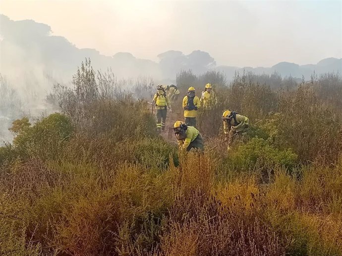 Personal de tierra del Infoca abriendo una línea de defensa en el paraje Los Llanos de Moguer (Huelva).