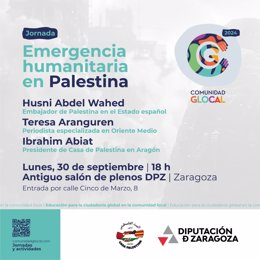 Cartel primera jornada Glocal con la presencia del embajador de Palestina en España