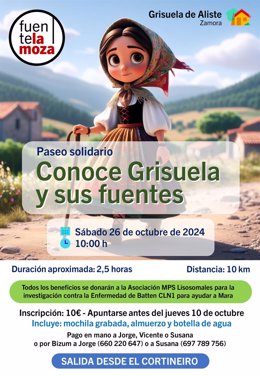 Cartel anunciador de la marcha 'Conoce Grisuela y sus fuentes', en beneficio de los enfermos de Batten CLN1