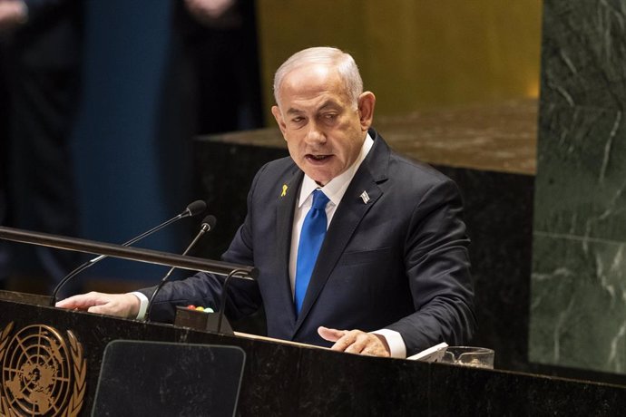 September 27, 2024, New York, New York, United States: Prime minister of Israel Benjamin Netanyahu addresses at 79th session of General Assembly at UN Headquarters in New York on September 27, 2024