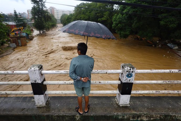 KATHMANDU, Sept. 28, 2024  -- This photo taken on Sept. 28, 2024 shows a flooded neighborhood in Lalitpur, Nepal. Floods and landslides triggered by incessant rainfalls in Nepal have claimed at least 59 lives and injured 36 others by Saturday afternoon, p