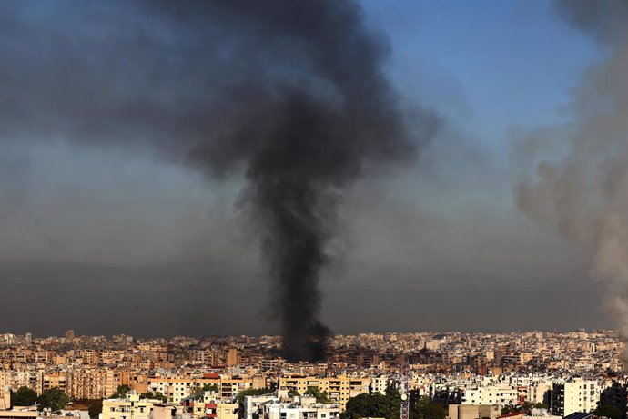 BEIRUT, Sept. 28, 2024  -- Smoke rises following Israeli airstrikes in Beirut's southern suburb, Lebanon, on Sept. 28, 2024. Israel launched fresh attacks on targets in Beirut's southern suburb of Dahieh early Saturday, saying it was targeting Hezbollah w