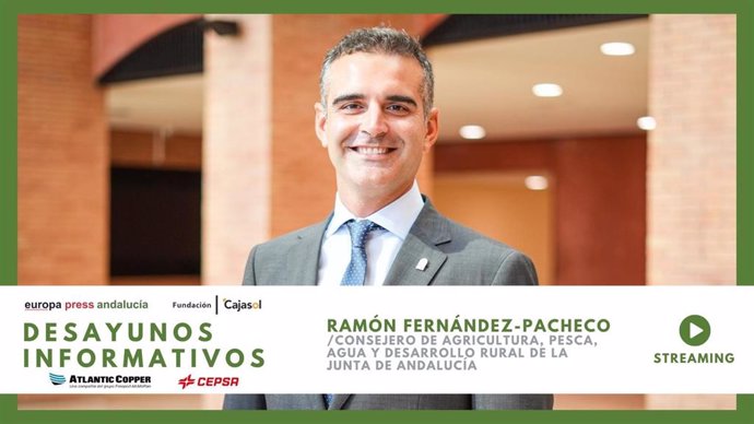 Cartel anunciador del desayuno informativo de Europa Press Andalucía con el consejero de Agricultura, Pesca, Agua y Desarrollo Rural de la Junta, Ramón Fernández-Pacheco, el miércoles 2 de octubre en Sevilla