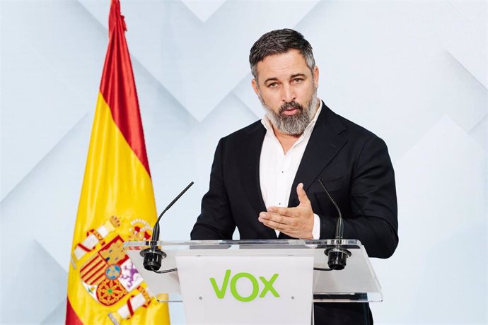 El presidente de VOX, Santiago Abascal, durante una rueda de prensa.