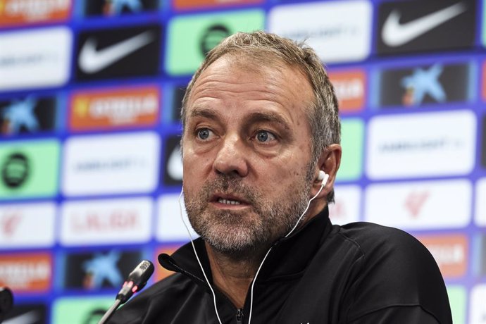 Hansi Flick, head coach of FC Barcelona attends his press conference during the training day of FC Barcelona ahead the Spanish League, La Liga EA Sports, football match against CA Osasuna at Ciudad Esportiva Joan Gamper on September 27, 2024 in Sant Joan 