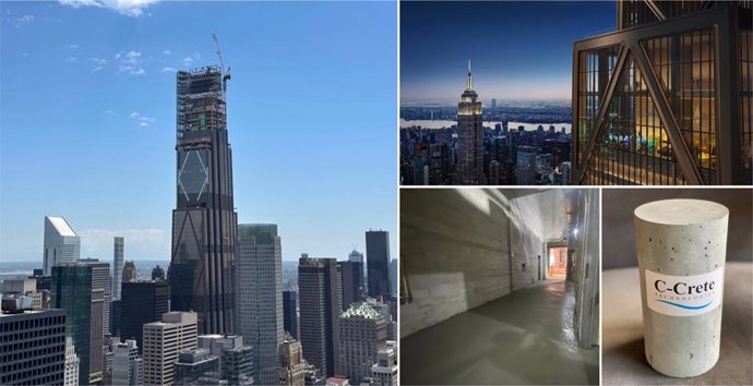 C-Crete’s 12 cubic yard pour of the world’s first granite-based concrete devoid of Portland cement and CO2 was for a topping slab located on the upper lobby of the supertall at 270 Park Ave, Manhattan. Photo Credit: Foster+Partners, C-Crete Technologies a