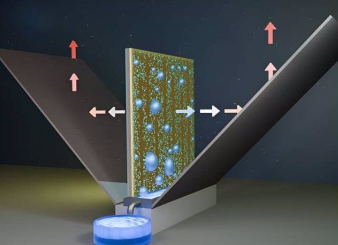 El dispositivo de enfriamiento pasivo refleja la energía térmica hacia el cielo mientras recoge agua utilizando únicamente la gravedad y sin electricidad.