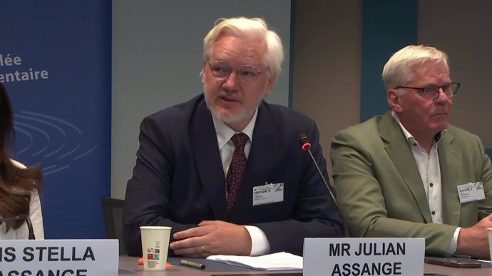 01 October 2024, France, Strasburg: Screen grab taken from the Parliamentary Assembly of the Council of Europe (PACE) of Julian Assange giving evidence to a hearing on his detention and conviction held by the Legal Affairs Committee of PACE in Strasbourg,