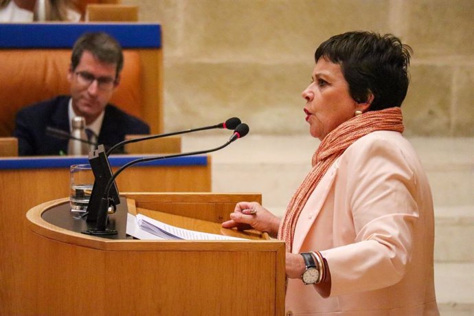 La diputada de IU, Henar Moreno, en un pleno parlamentario ante el presidente del Gobierno riojano, Gonzalo Capellán