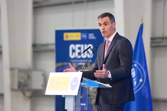 El presidente del Gobierno, Pedro Sánchez, este martes, en el acto de inauguración del Centro de Ensayos de Sistemas Aéreos no Tripulados (CEUS) de Moguer (Huelva)