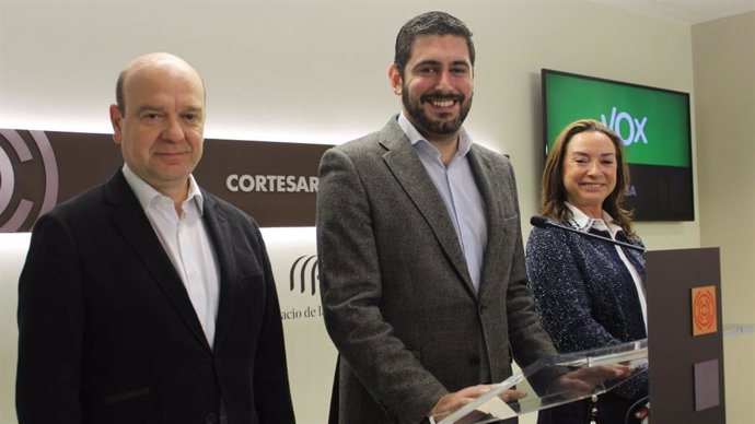 El portavoz de VOX en las Cortes de Aragón, Alejandro Nolasco, junto a los diputados Santiago Morón y Carmen Rouco.