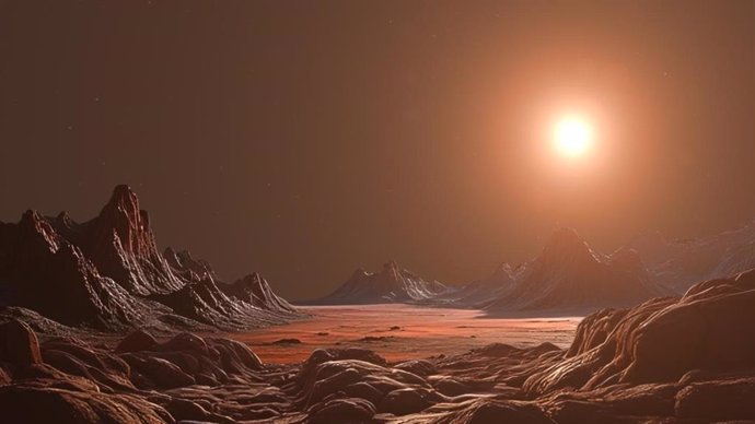 Recreación del paisaje del exoplaneta Barnard b orbitando su estrella