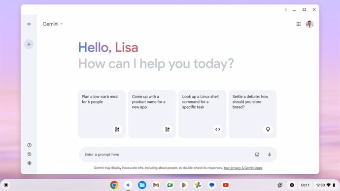 Gemini en la pantalla de inicio de un Chromebook.
