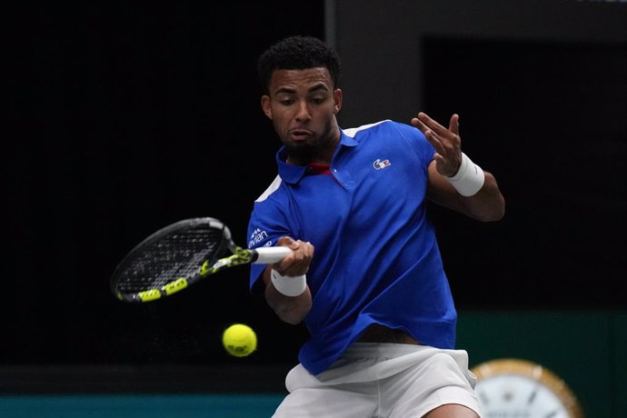 Arthur Fils of France in action against Jiri Lehecka of Czech Republic during the Davis Cup 2024, Group B, tennis match played between Czech Republic and France at Fuente de San Luis on September 14, 2024, in Valencia, Spain.