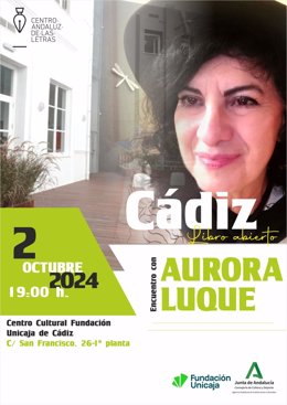 Cartel anunciador de la intervención de la escritora Aurora Luque en el ciclo 'Cádiz, Libro Abierto' .