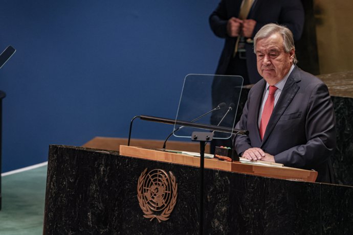 September 24, 2024, New York, New York, USA: UN Secretary-General, ANTONIO GUTERRES, speaks during the first day of the General Assembly which took place in the General Assembly Hall of the United Nations. The 79th UNGA session is one of the most serious 