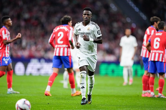 Vinicius Junior of Real Madrid in action during the Spanish League, LaLiga EA Sports, football match played between Atletico de Madrid and Real Madrid at Civitas Metropolitano stadium on September 29, 2024, in Madrid, Spain.