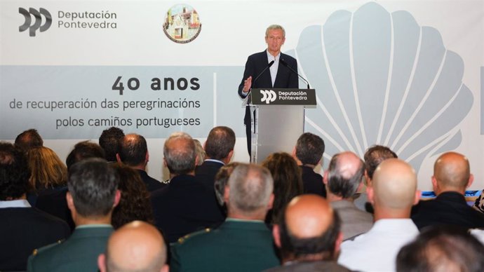 El presidente de la Xunta, Alfonso Rueda, en una intevención durante el acto de conmemoración del 40º aniversario de la recuperación de la peregrinación por el Camino Portugués.