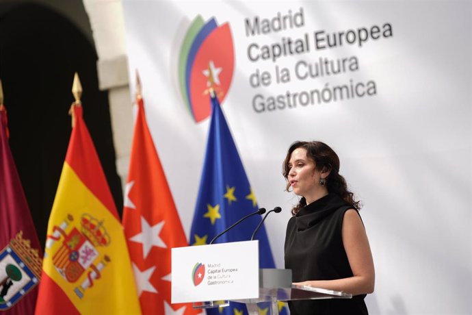 La presidenta de la Comunidad de Madrid, Isabel Díaz Ayuso, presenta las actividades organizadas con motivo del reconocimiento Madrid, Capital Europea de la Cultura Gastronómica 2024/2025.