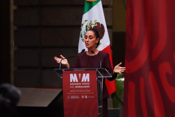 Mexico's President elected Claudia Sheinbaum Pardo  speaking during  the inauguration of the living Museum of Muralism, at the Public Education Secretariat (SEP). on September 25, 2024 in Mexico City, Mexico.