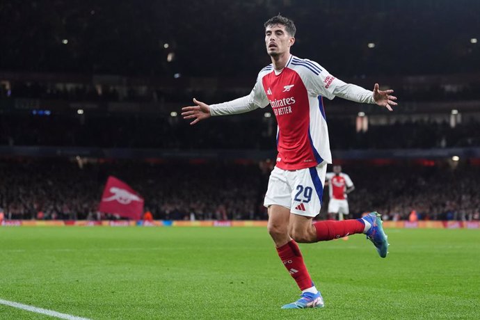 01 October 2024, United Kingdom, London: Arsenal's Kai Havertz celebrates scoring his sid's first goal during the UEFA Champions League soccer match between Arsenal and Paris Saint Germain at the Emirates Stadium. Photo: Adam Davy/PA Wire/dpa