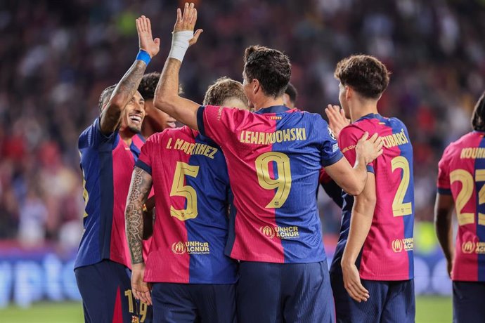 Robert Lewandowski of FC Barcelona celebrates a goal during the UEFA Champions League, football match played between FC Barcelona and BSC Young Boys at Estadio Olimpico de Montjuic on October 01, 2024 in Barcelona, Spain.