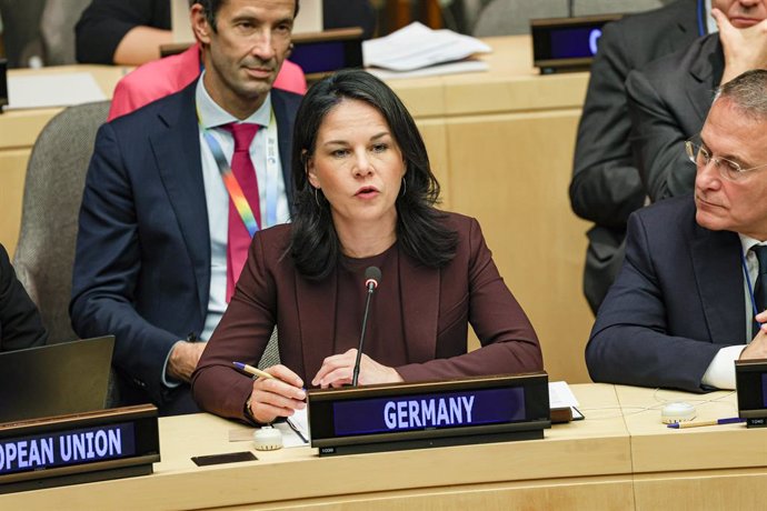 September 25, 2024, New York, New York, USA: Germany Minister of Foreign Affairs, ANNALENA BAERBOCK, speaks at the G20 Foreign Ministers meeting : Building a just world and a sustainable planet. The event took place as part of the 79th UNGA session in whi