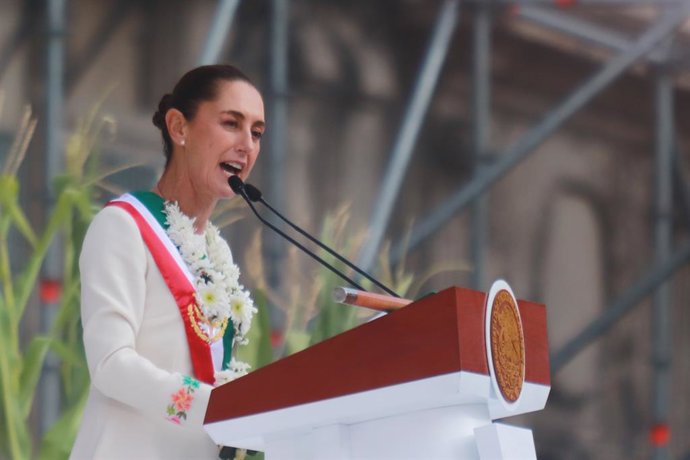 Mexico's new president, Claudia Sheinbaum Pardo, speaking  during the  Ceremony of the handing over of the baton of command from the hands of the representatives of the 100 indigenous peoples as part of the presidential inauguration in the main square of 