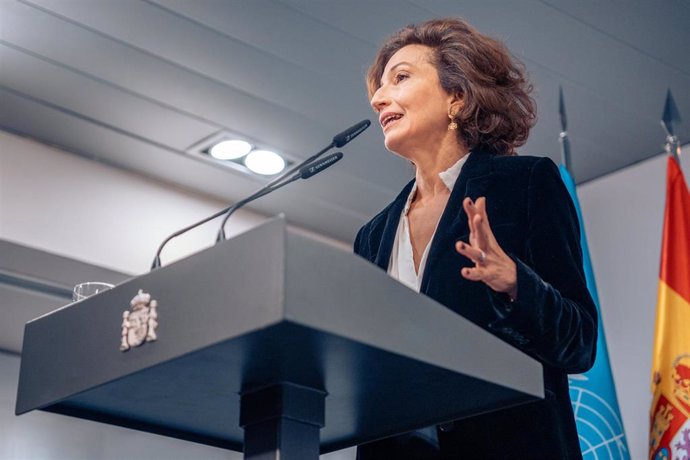 Archivo - La directora general de la Unesco, Audrey Azoulay, ofrece una rueda de prensa tras reunirse con el presidente del Gobierno, en el Complejo de la Moncloa, a 2 de febrero de 2023, en Madrid (España)