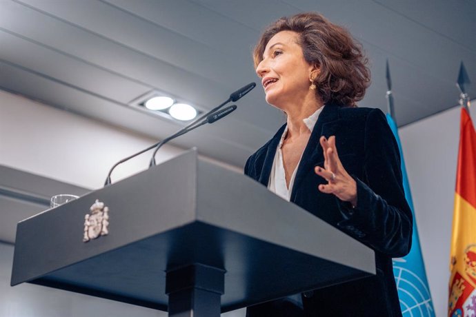 Archivo - Arxivo - La directora general de la Unesco, Audrey Azoulay, ofereix una roda de premsa després de reunir-se amb el president del Govern, en el Complex de la Moncloa, a 2 de febrer de 2023, a Madrid (Espanya)