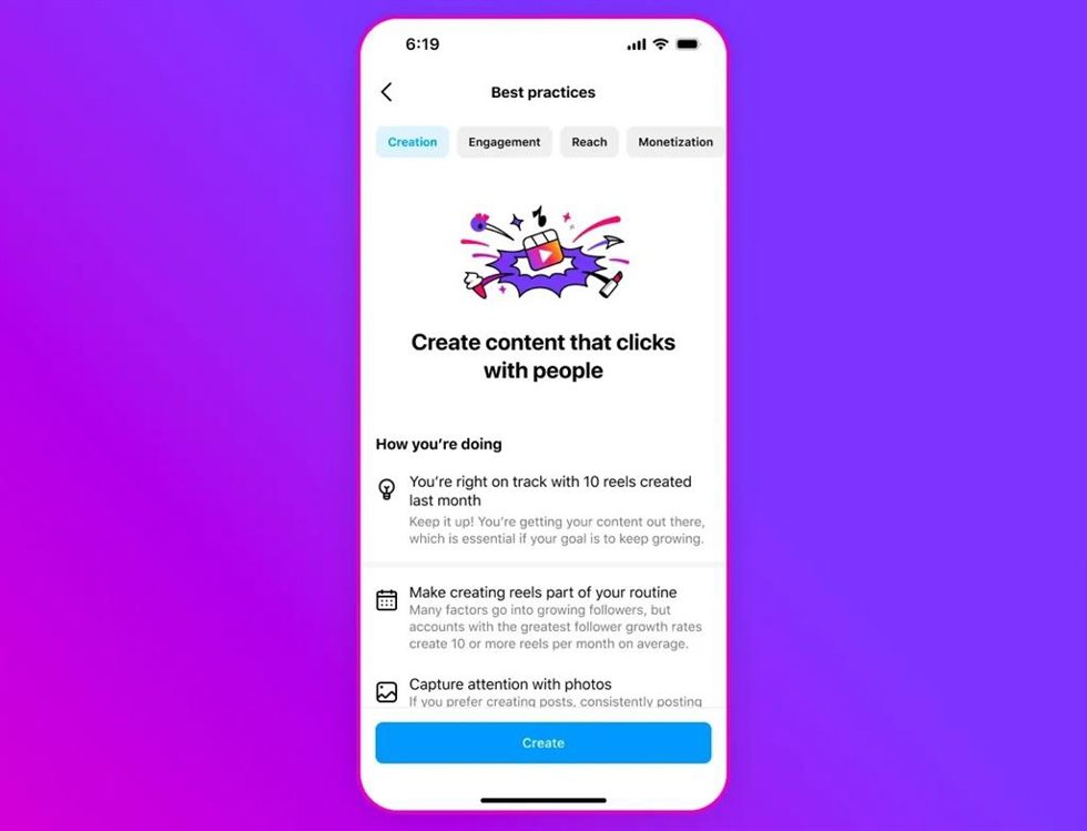 Panel de 'Mejores prácticas' en la app de Instagram