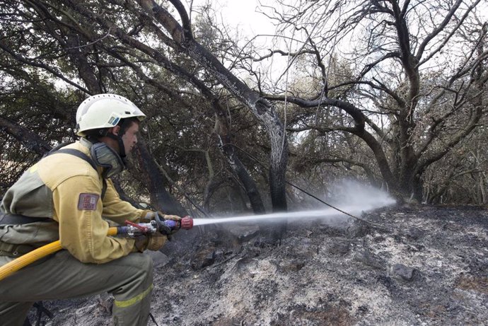 Archivo - Un bombero realiza labores preventivas para garantizar que el incendio quede totalmente sofocado.